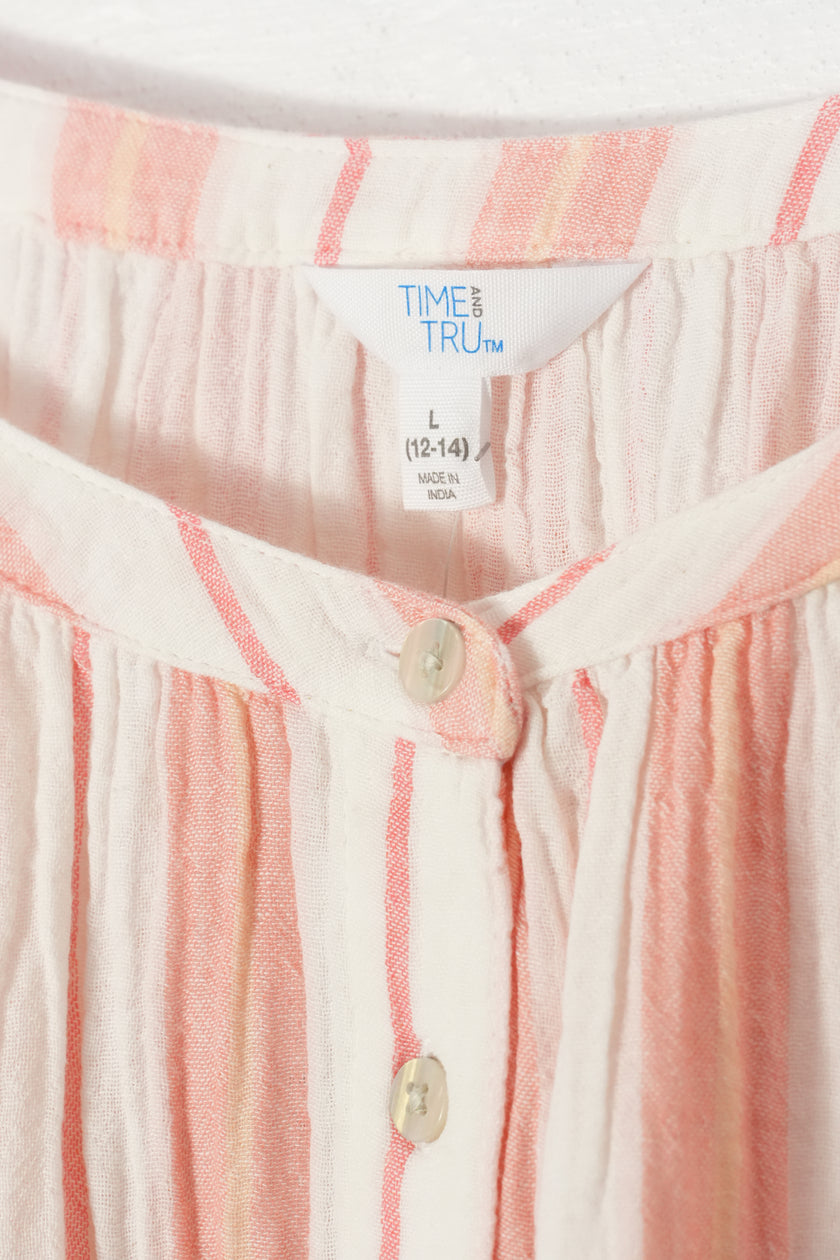Time and Tru Double Cloth Midi Dress Women Large Coral Peony Striped Button