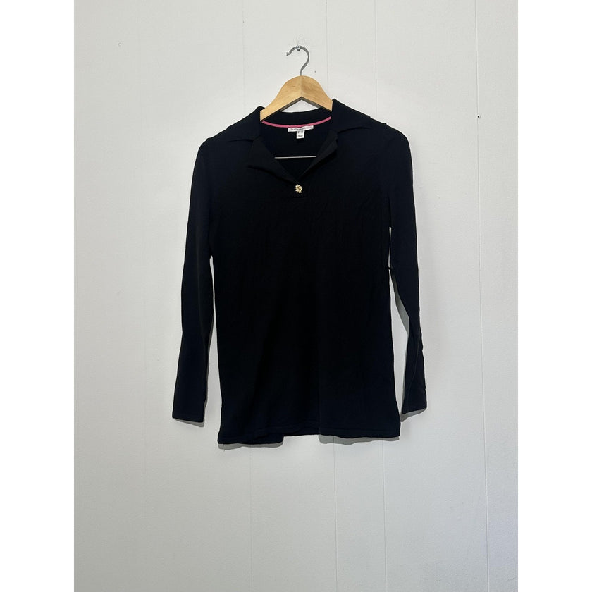 Isaac Mizrahi Live Sweater Womens XXS Black Collared Knit Pullover Gold Button