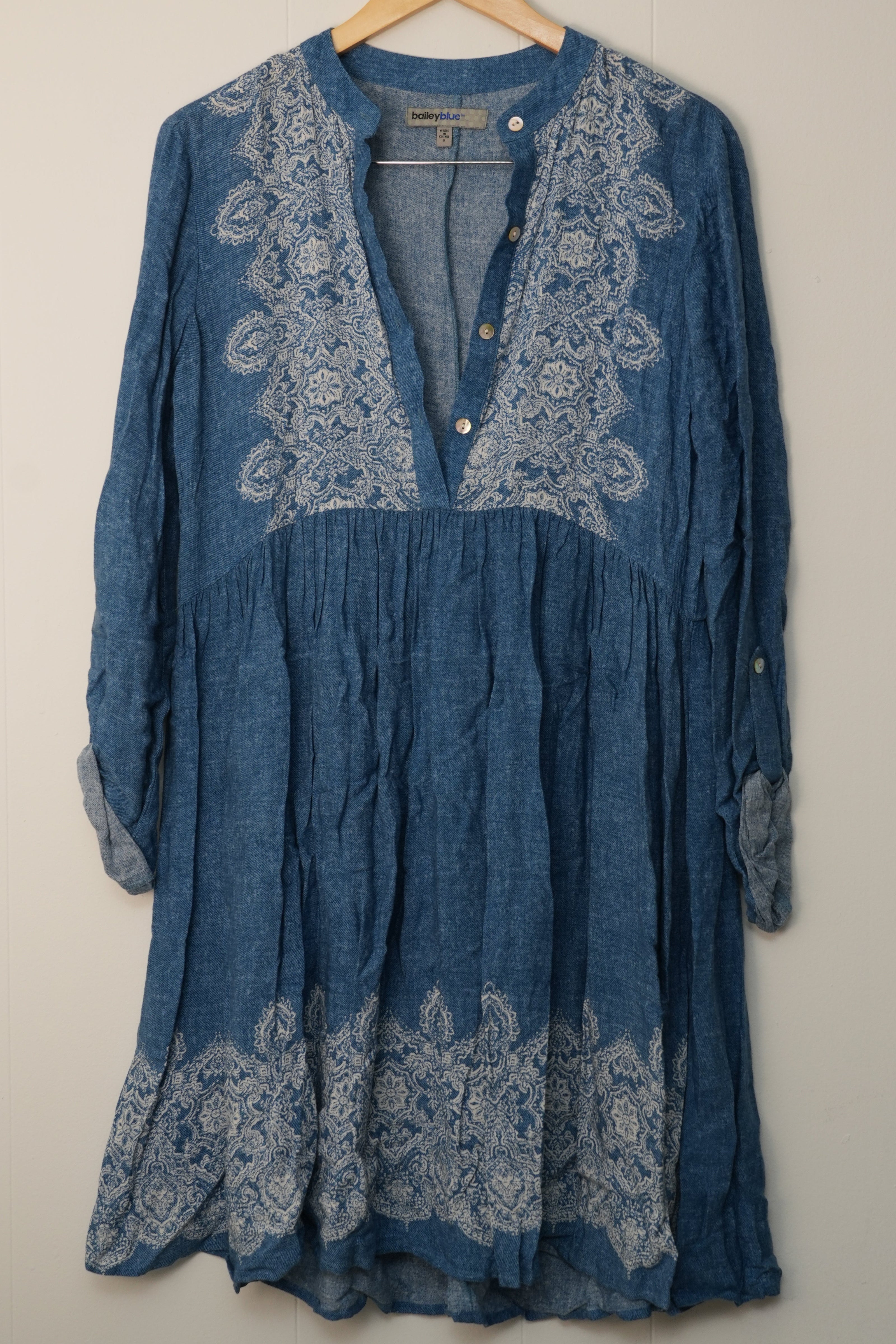 Bailey Blue Tunic Dress Women Small Blue Embroidered Roll Tab Sleeve Boho