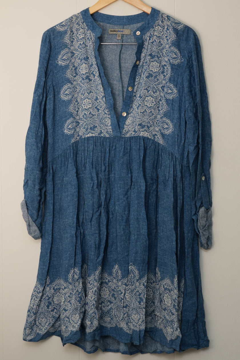 Bailey Blue Tunic Dress Women Small Blue Embroidered Roll Tab Sleeve Boho