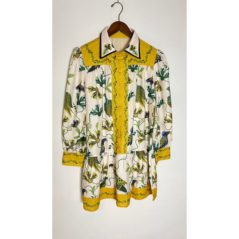 Button Up Long Sleeve Dress with Bold Bird Pattern Size Large