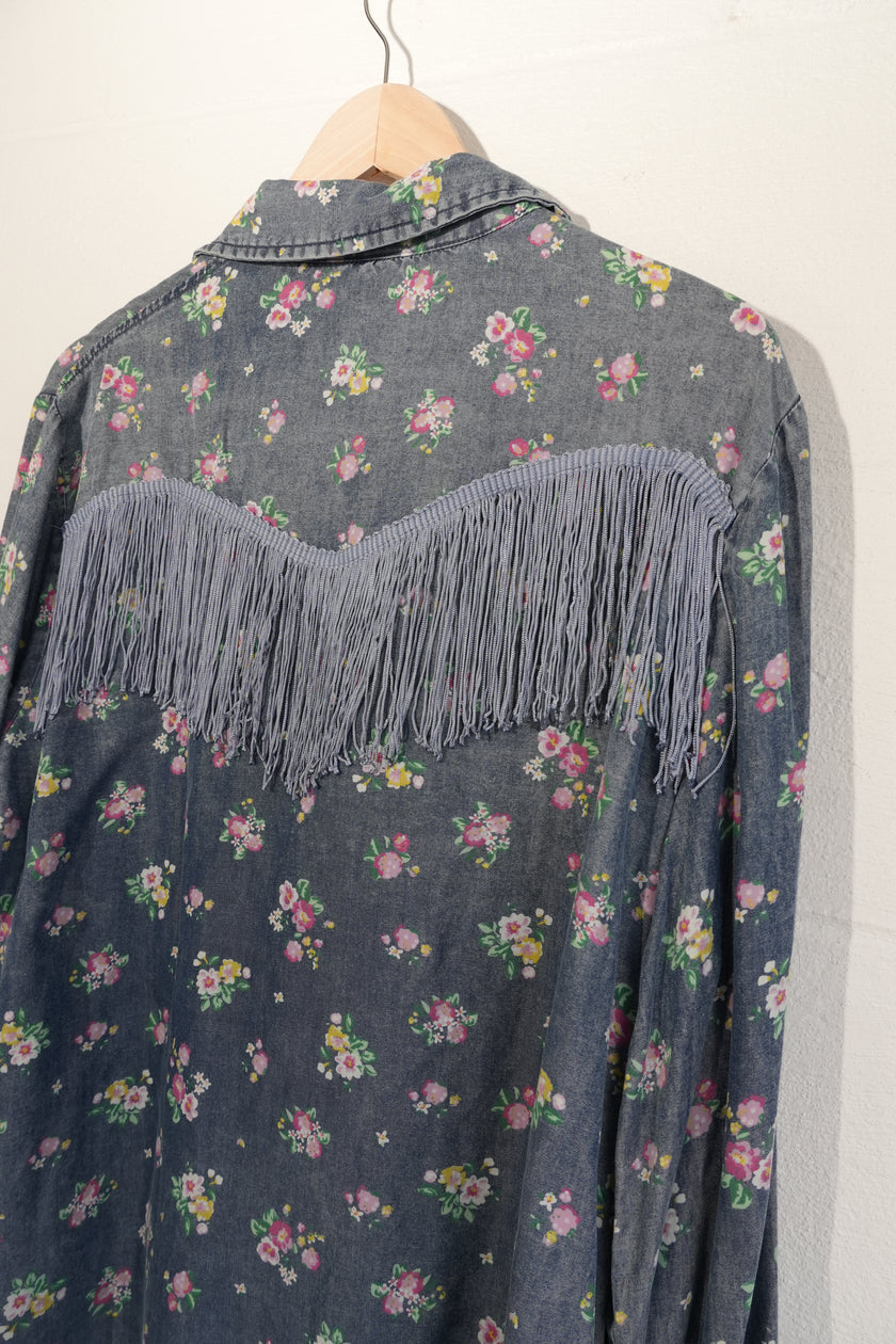 SHEIN Button Down Shirt Women X-Large Blue Floral Fringe Western Denim Top