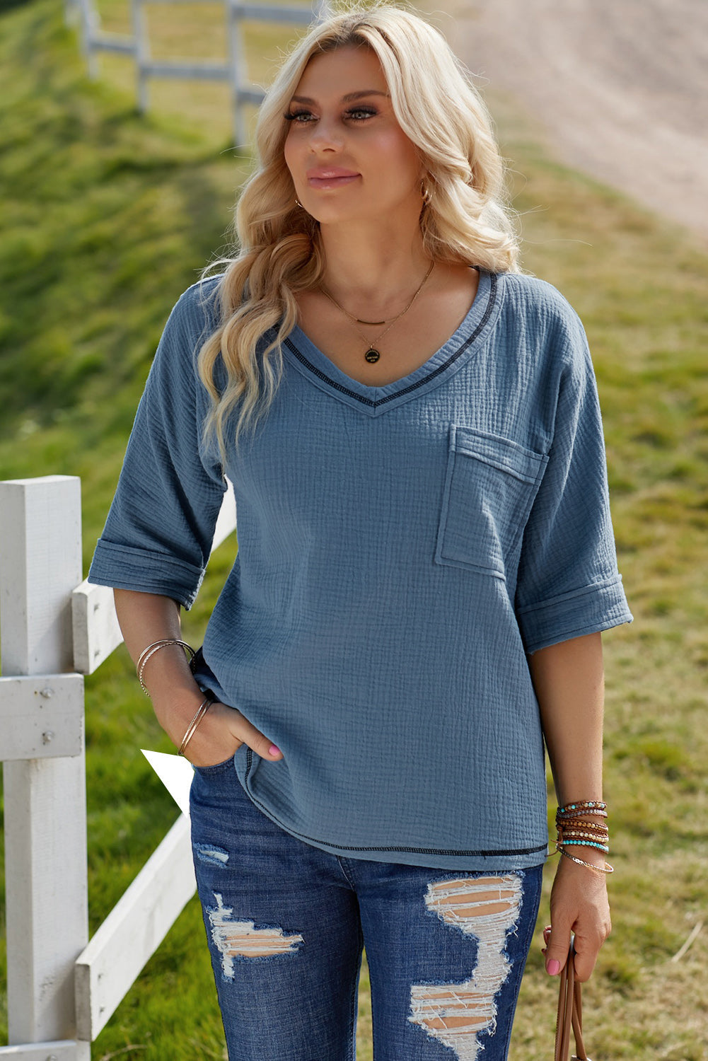 Textured V-Neck Half Sleeve Blouse (In-Store)