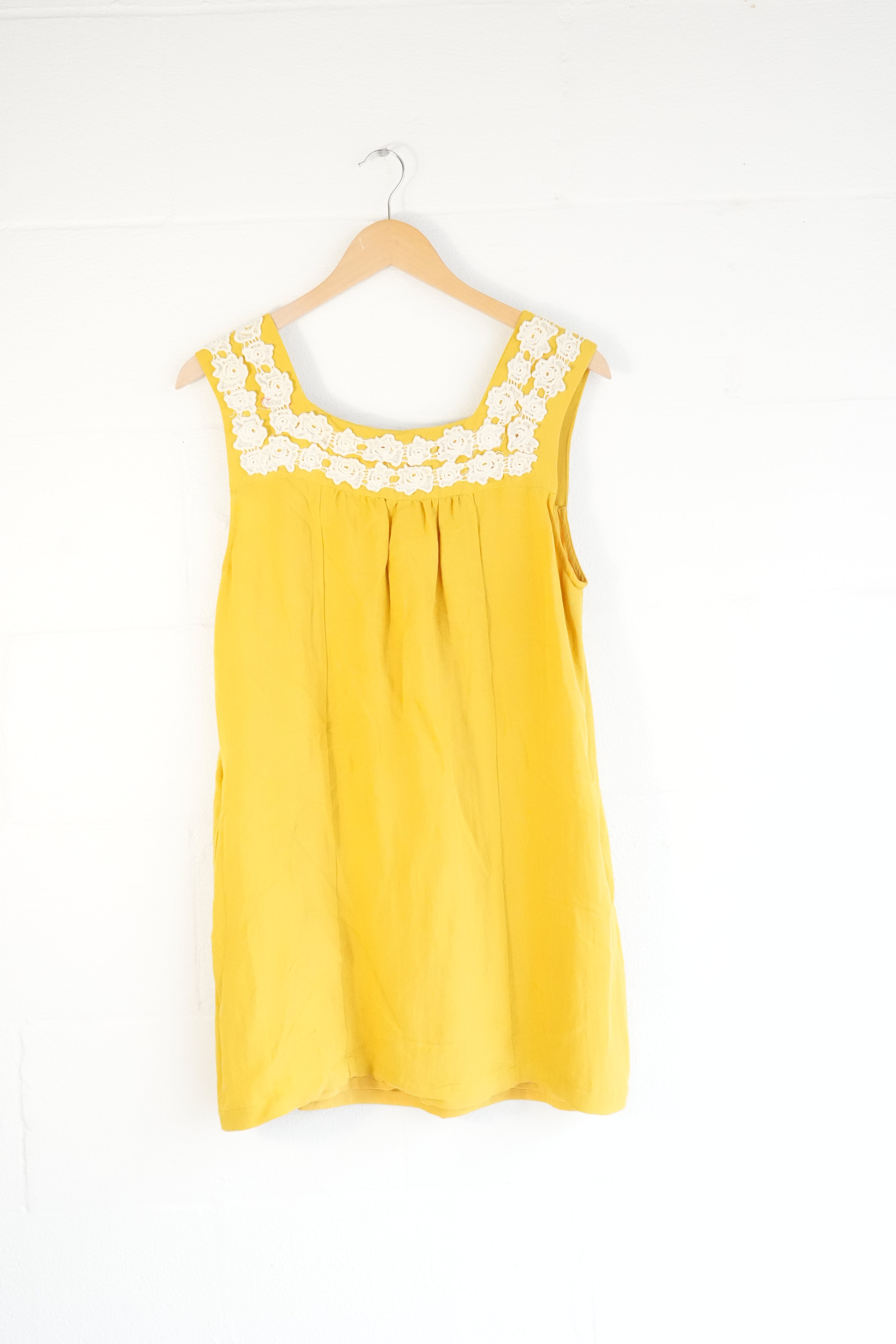 Entro Mustard Yellow Crochet Lace Trim Sleeveless Shift Dress Medium