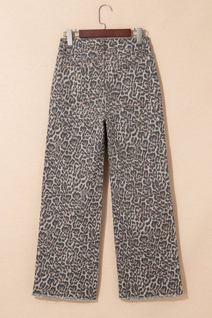 Brown Leopard Frayed Edge Wide Leg High Waist Jeans