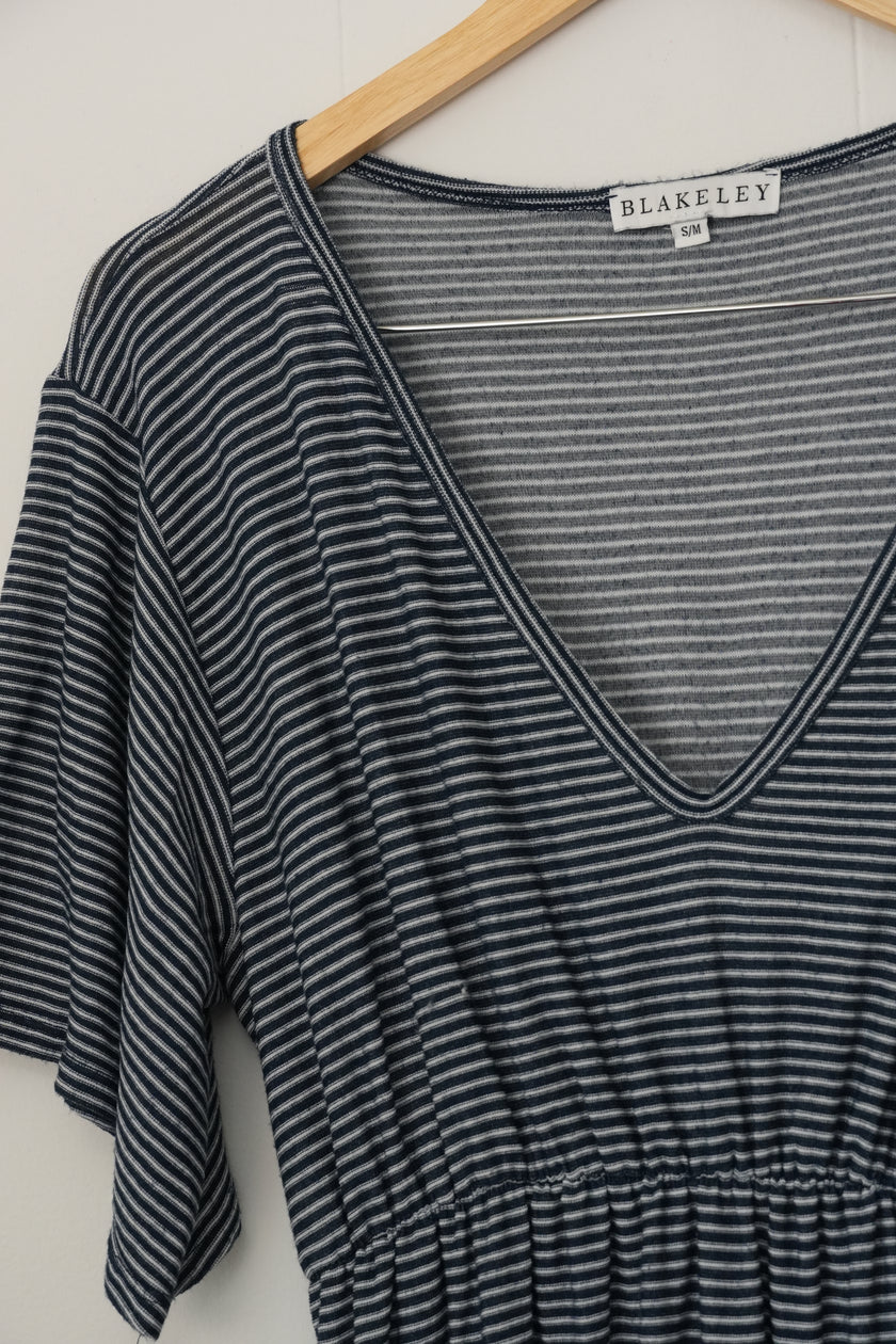 Blakeley Maxi Dress Women Small/Medium Dark Navy Blue Striped Ruffle V-Neck