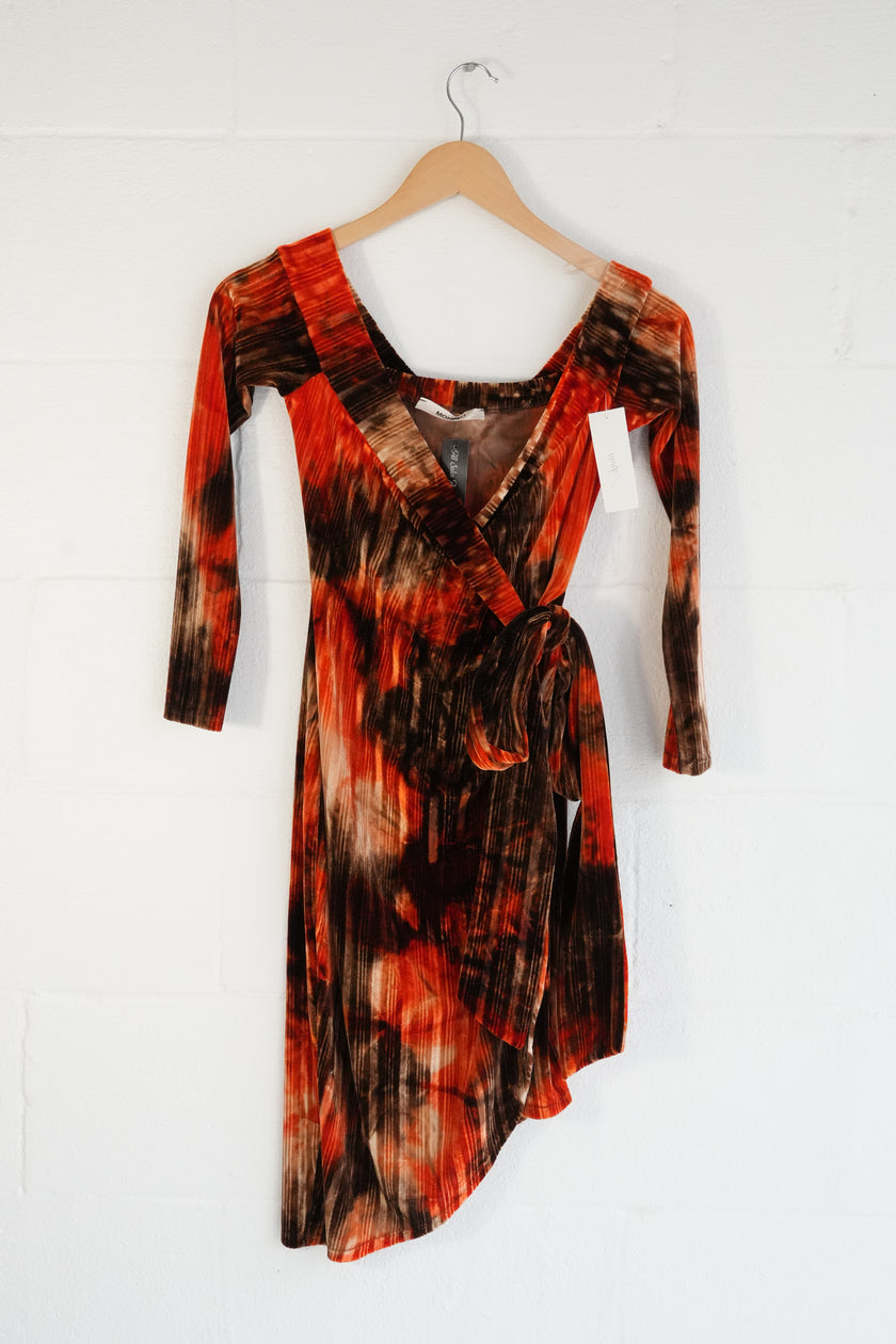 Monaco Velvet Wrap Dress Womens Small Orange Brown Off Shoulder Long Sleeve