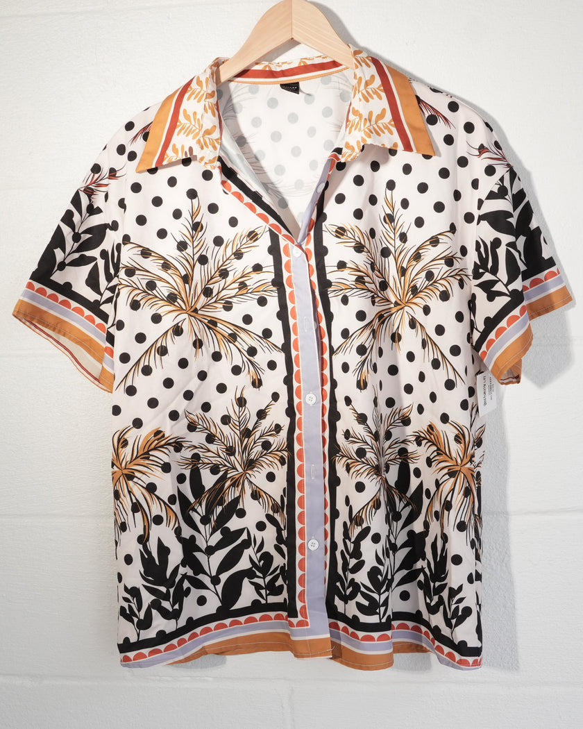 Emery Rose Button Up Shirt Women Large White Tropical Palm Tree Polka Dot Print