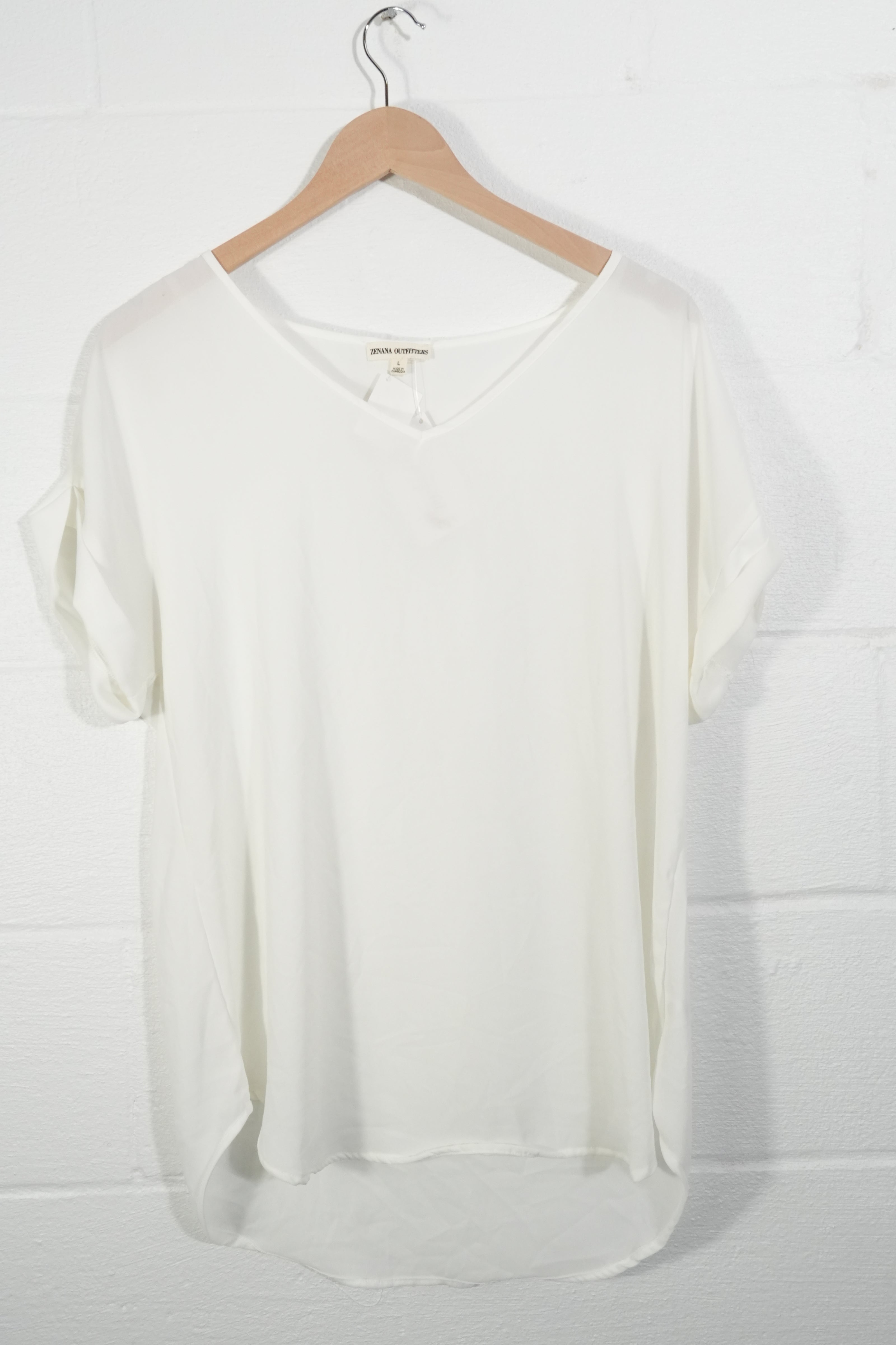 Zenana Outfitters Blouse Women Large White V-Neck Short Sleeve Rolled Cuff Top