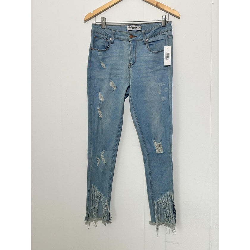 Authurna Denim Jeans Womens 9 Blue Light Wash Distressed Fringe Hem Skinny