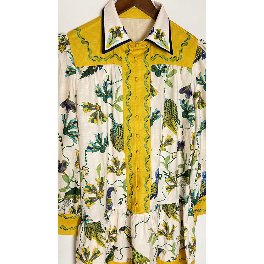 Button Up Long Sleeve Dress with Bold Bird Pattern Size Large