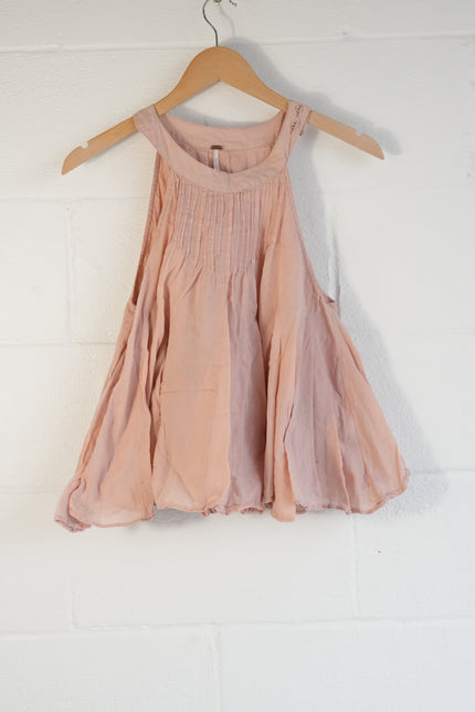 Free People Tank Top Women Extra Small Pink Pintuck Pleated Gauze Halter Boho