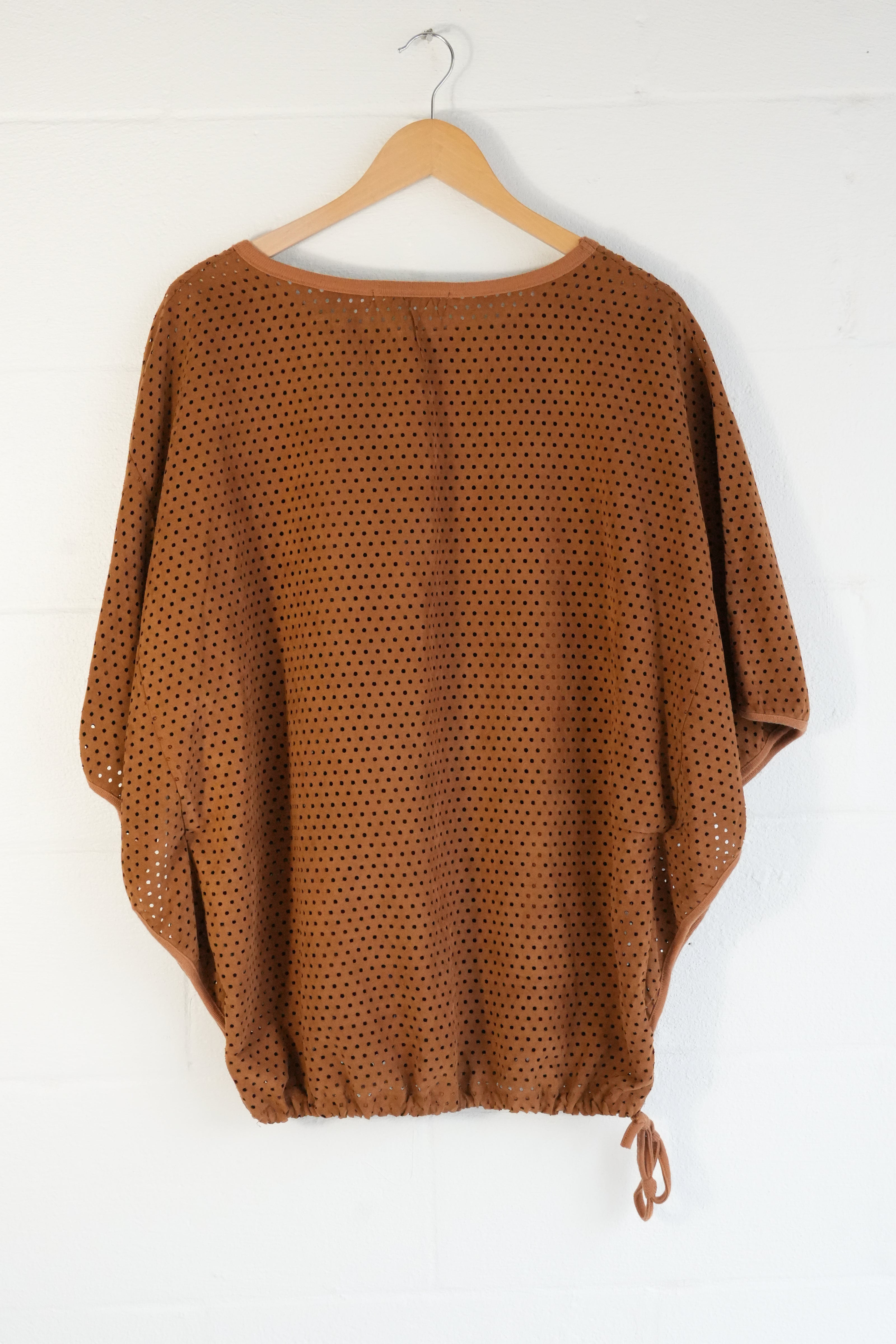 Understar Laser Cut Poncho Top Women Medium Brown Dolman Sleeve Tie Hem
