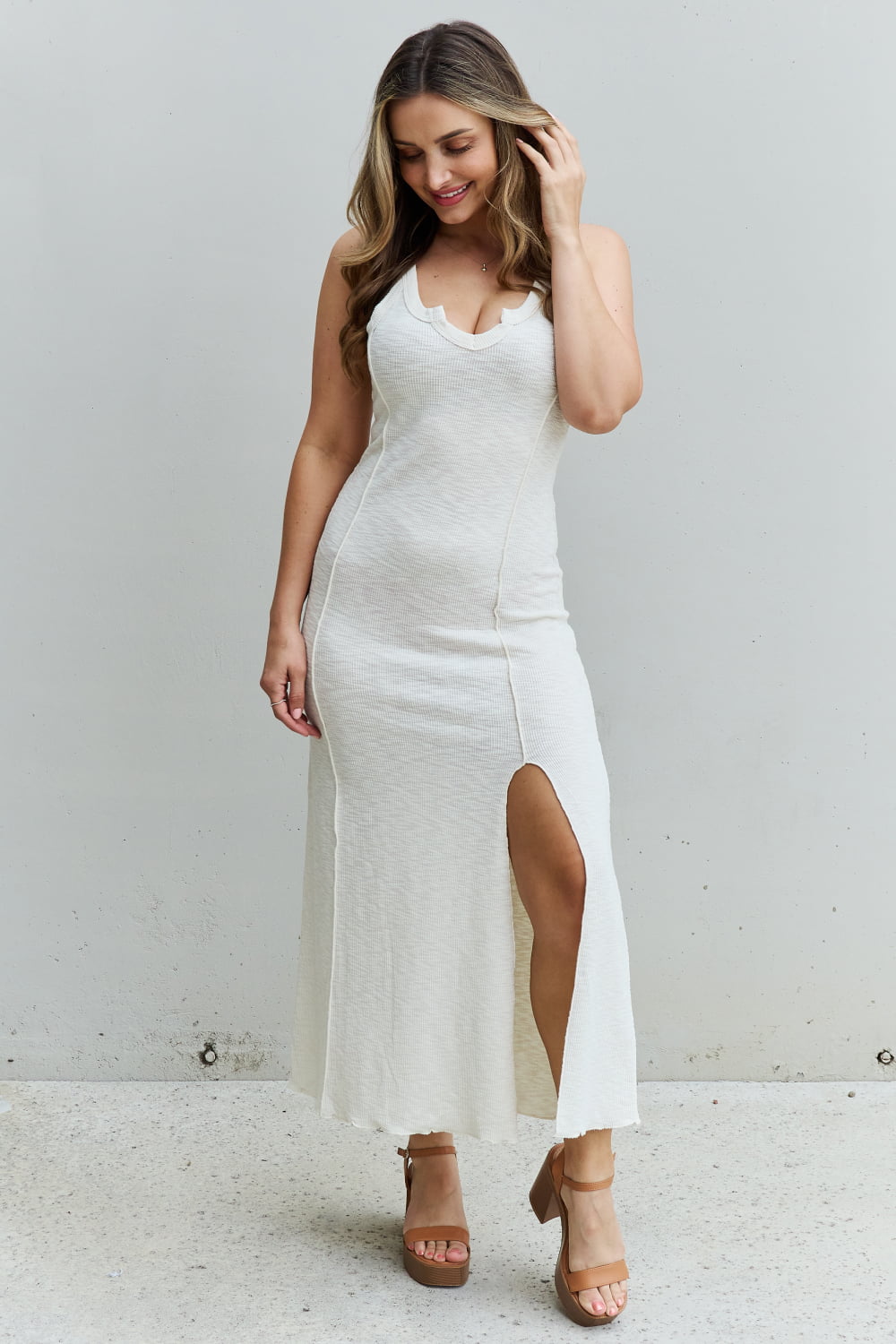 Culture Code Look At Me Full Size Notch Neck Maxi Dress with Slit in Ivory (In-Store)