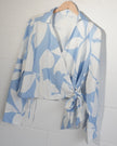 SHEIN Wrap Blouse Women Large Blue White Floral Abstract Long Sleeve Tie Top