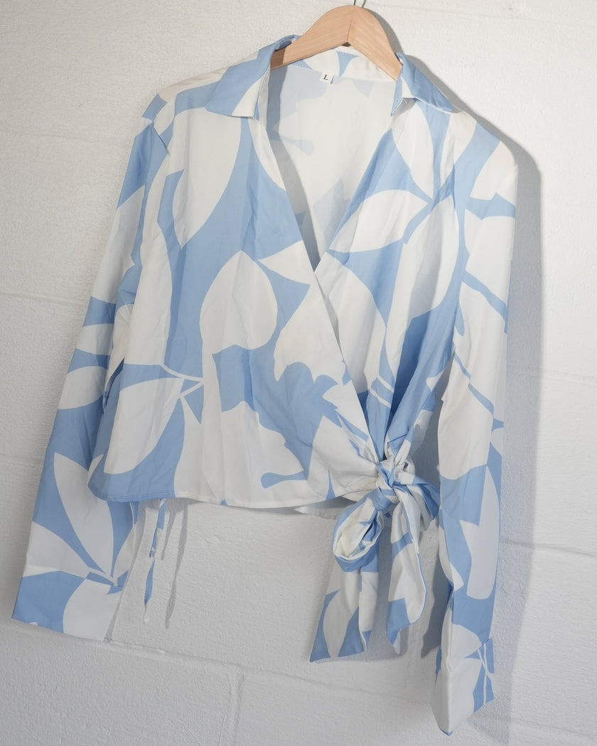 SHEIN Wrap Blouse Women Large Blue White Floral Abstract Long Sleeve Tie Top