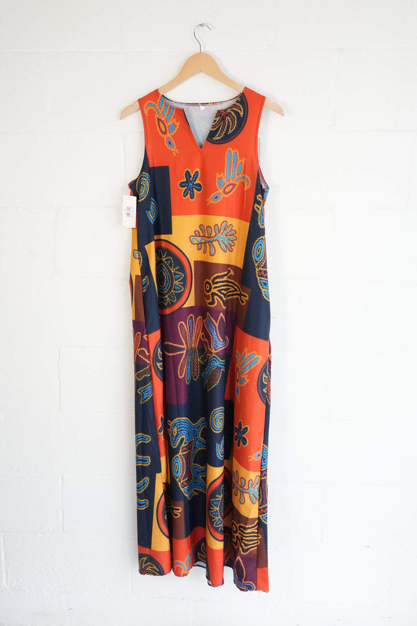 Abstract Print Maxi Dress Women Medium Orange Geometric Sleeveless
