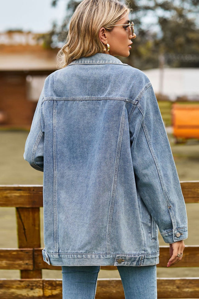 Buttoned Collared Neck Denim Jacket with Pockets (In-Store)