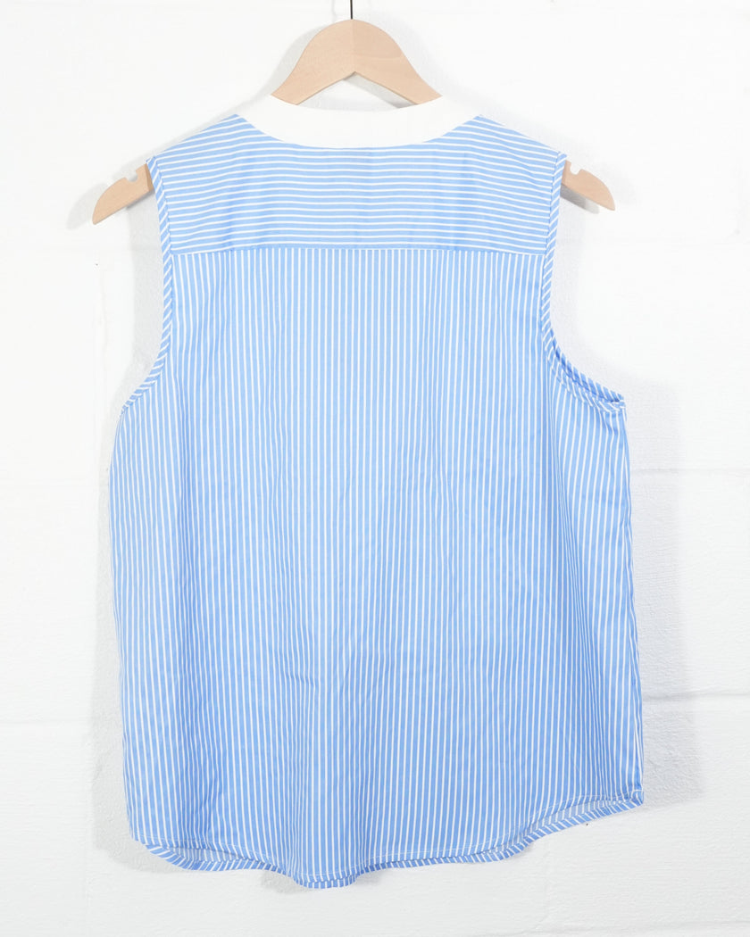 SHEIN Sleeveless Blouse Women Large Blue White Striped Pleated Tuxedo Bib Top