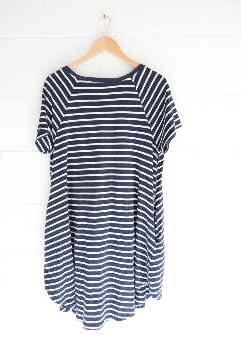 Umgee USA Womens Large Navy Blue White Striped Raglan Short Sleeve T-Shirt Dress
