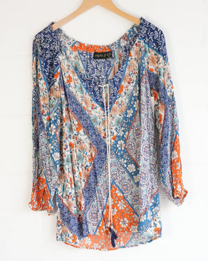 Lola P. Patchwork Floral Blouse Women Medium Blue Orange Boho Tassel Top