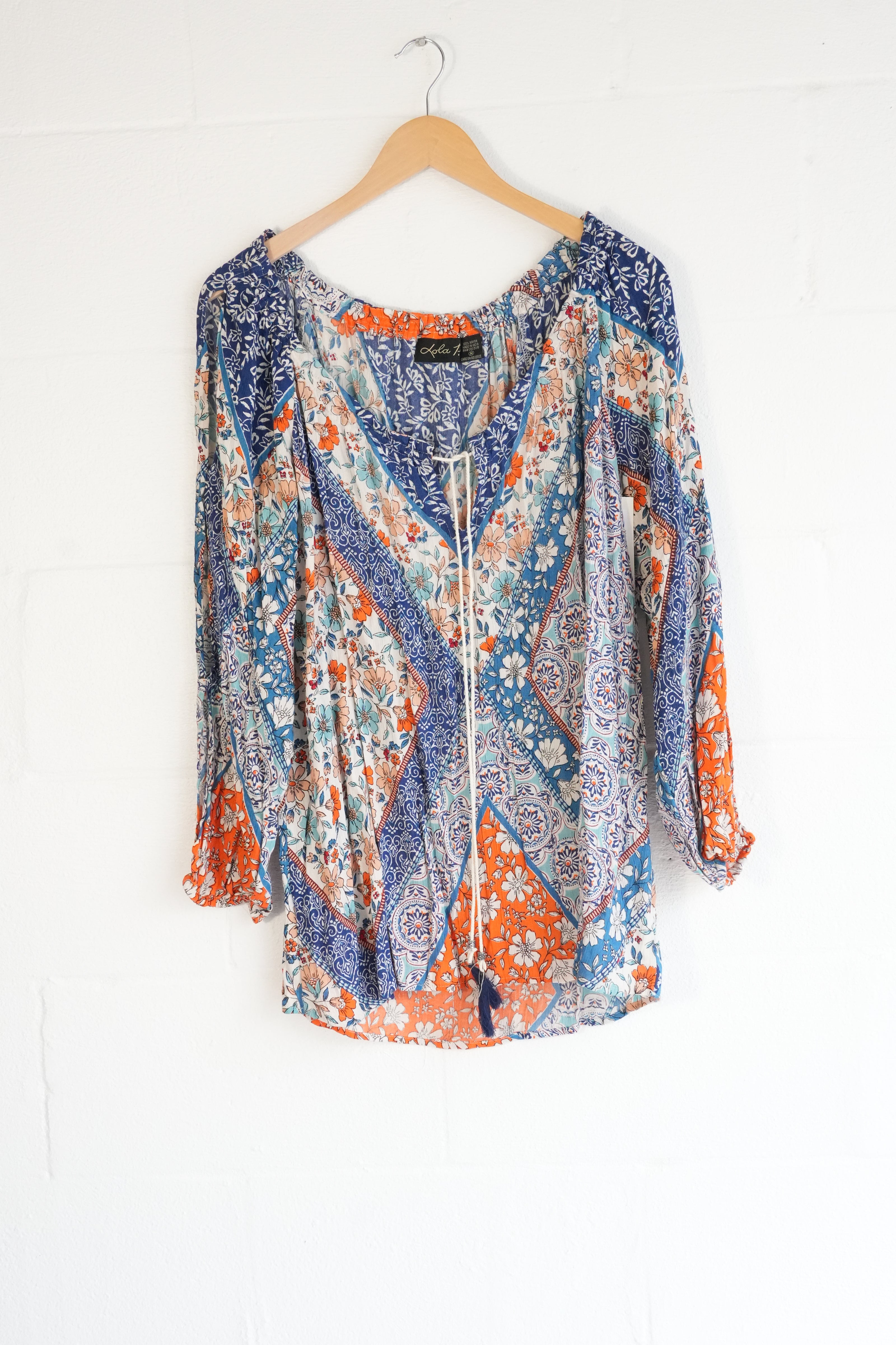 Lola P. Patchwork Floral Blouse Women Medium Blue Orange Boho Tassel Top