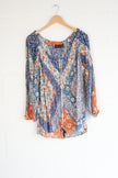 Lola P. Patchwork Floral Blouse Women Medium Blue Orange Boho Tassel Top