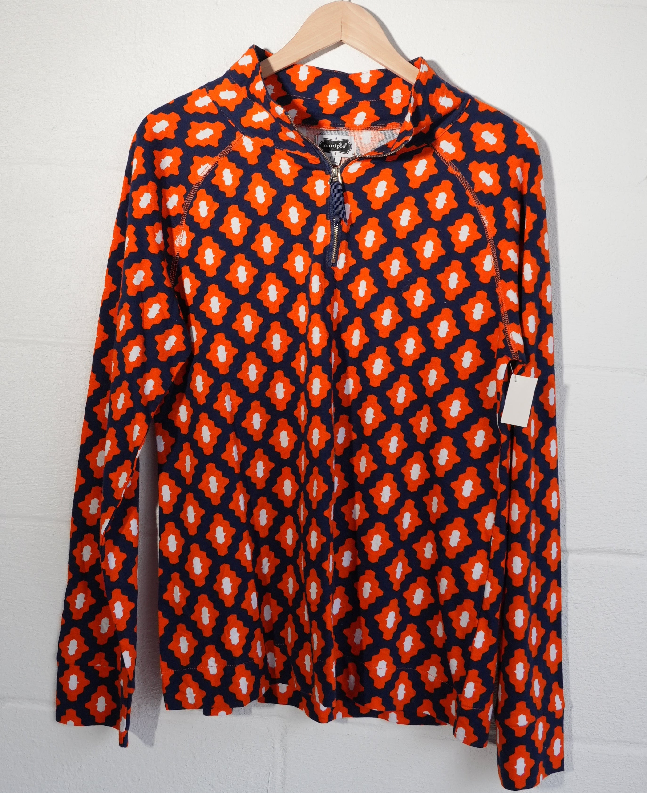 Mud Pie Quarter Zip Pullover Women Large Orange Navy Blue Geometric Print