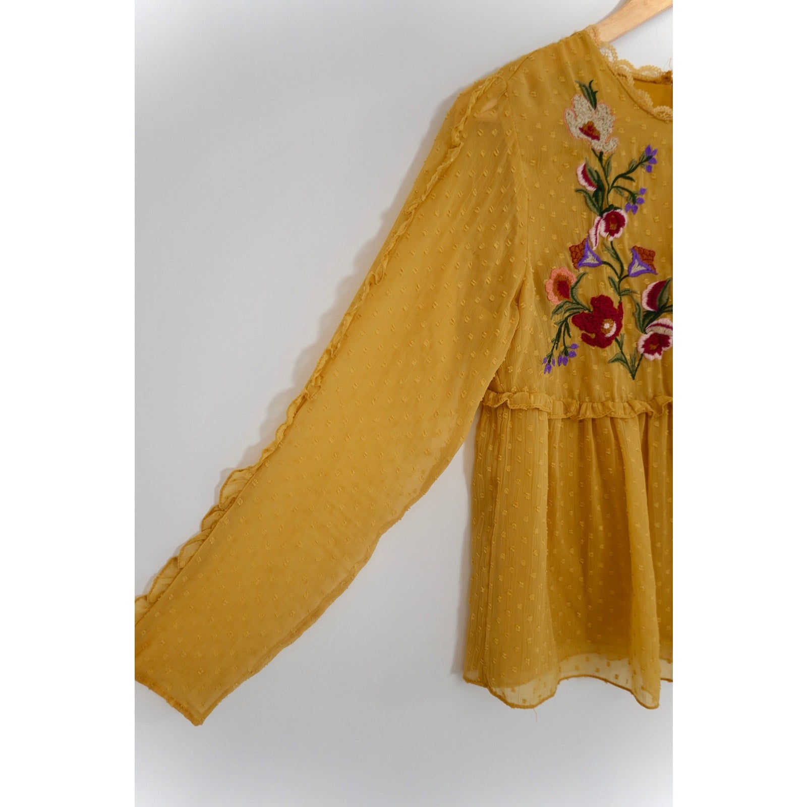 Zara Trafaluc Collection Mustard Yellow Embroidered Long Sleeve Blouse Size Medium