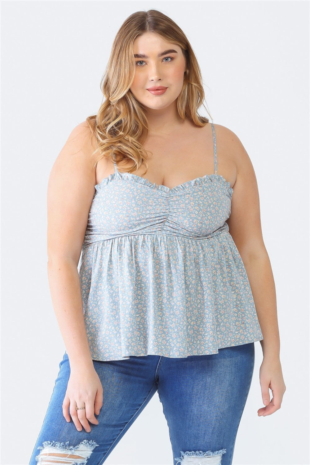 Plus Size Frill Smocked Floral Sweetheart Neck Cami