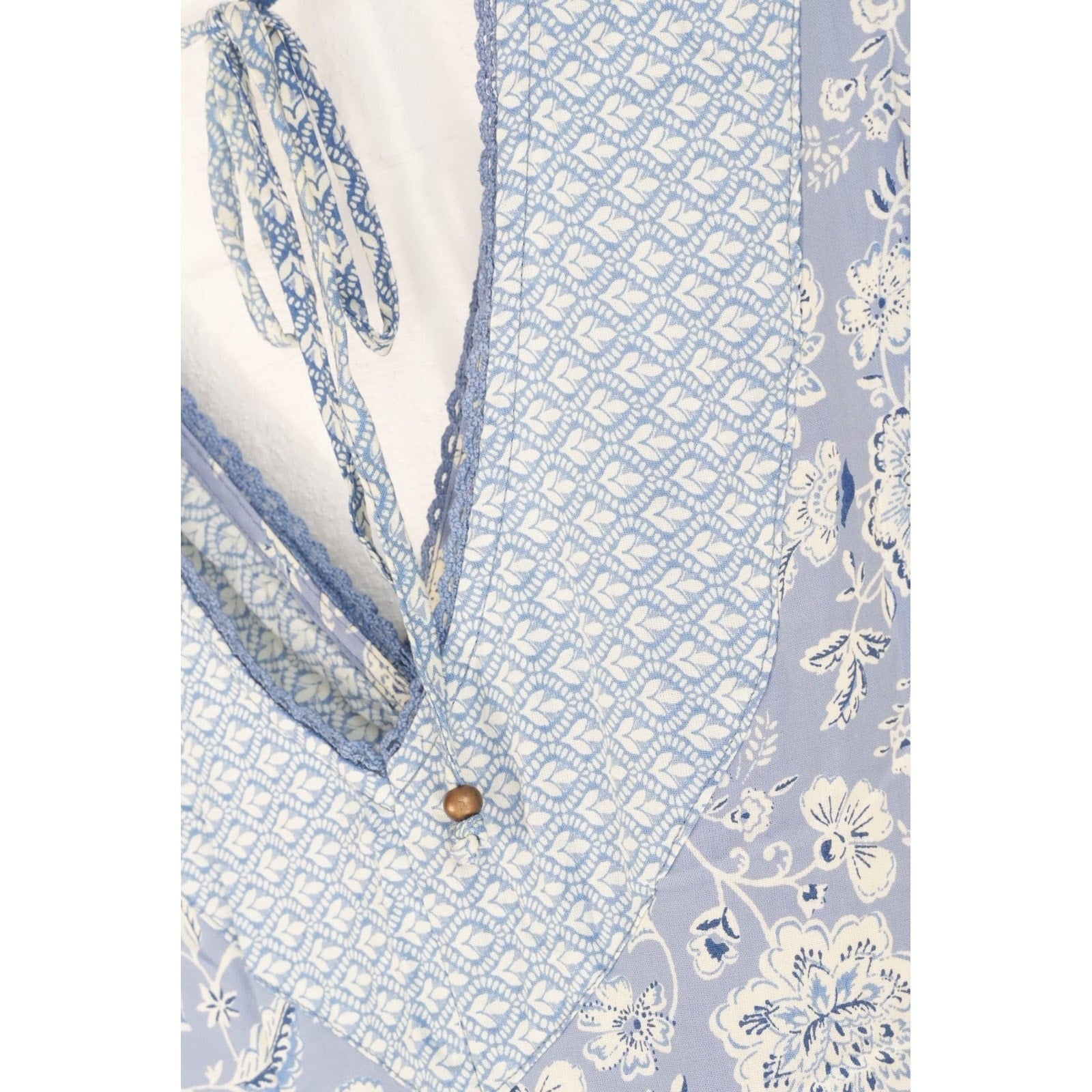 Angie Mini Dress Women Size Small Blue Floral Patchwork Boho Tiered V-Neck Rayon