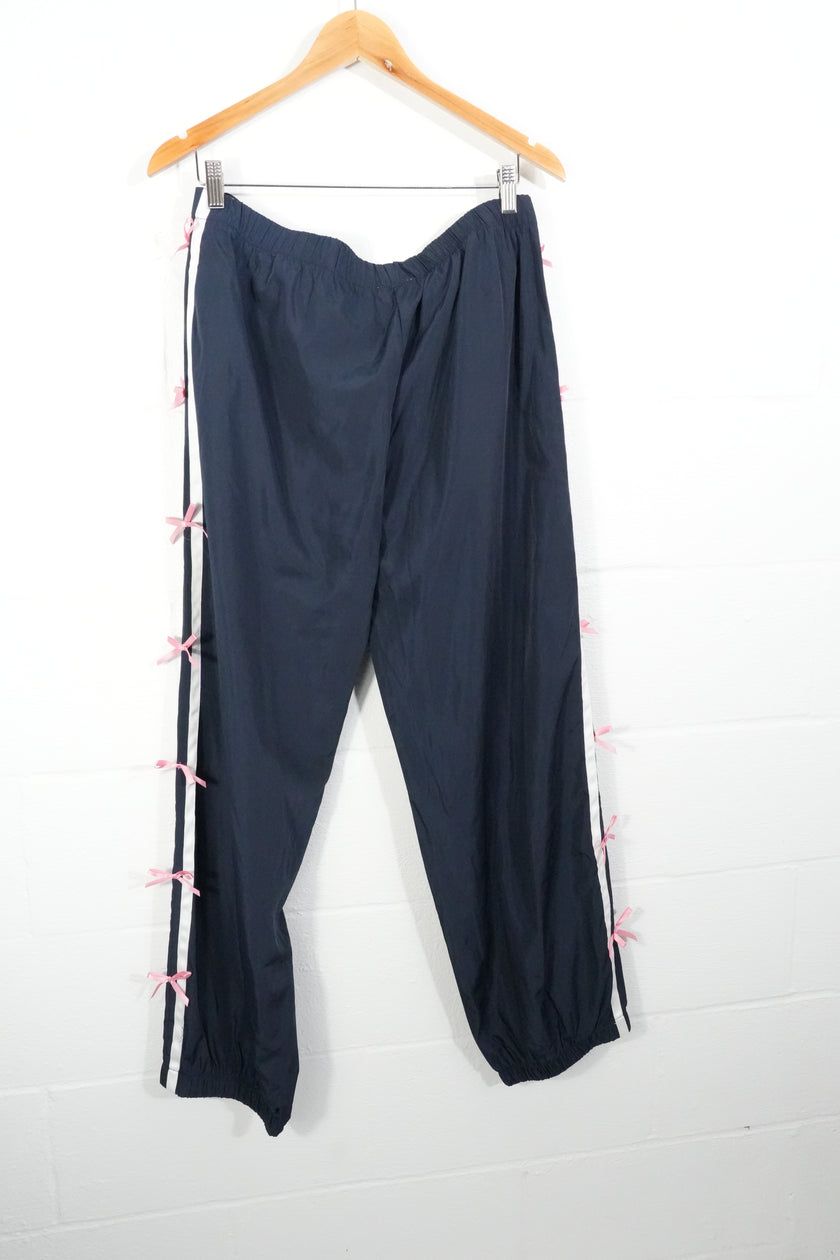 BIBI Track Pants Women Extra Large Navy Blue Pink Bow Side Stripe Joggers