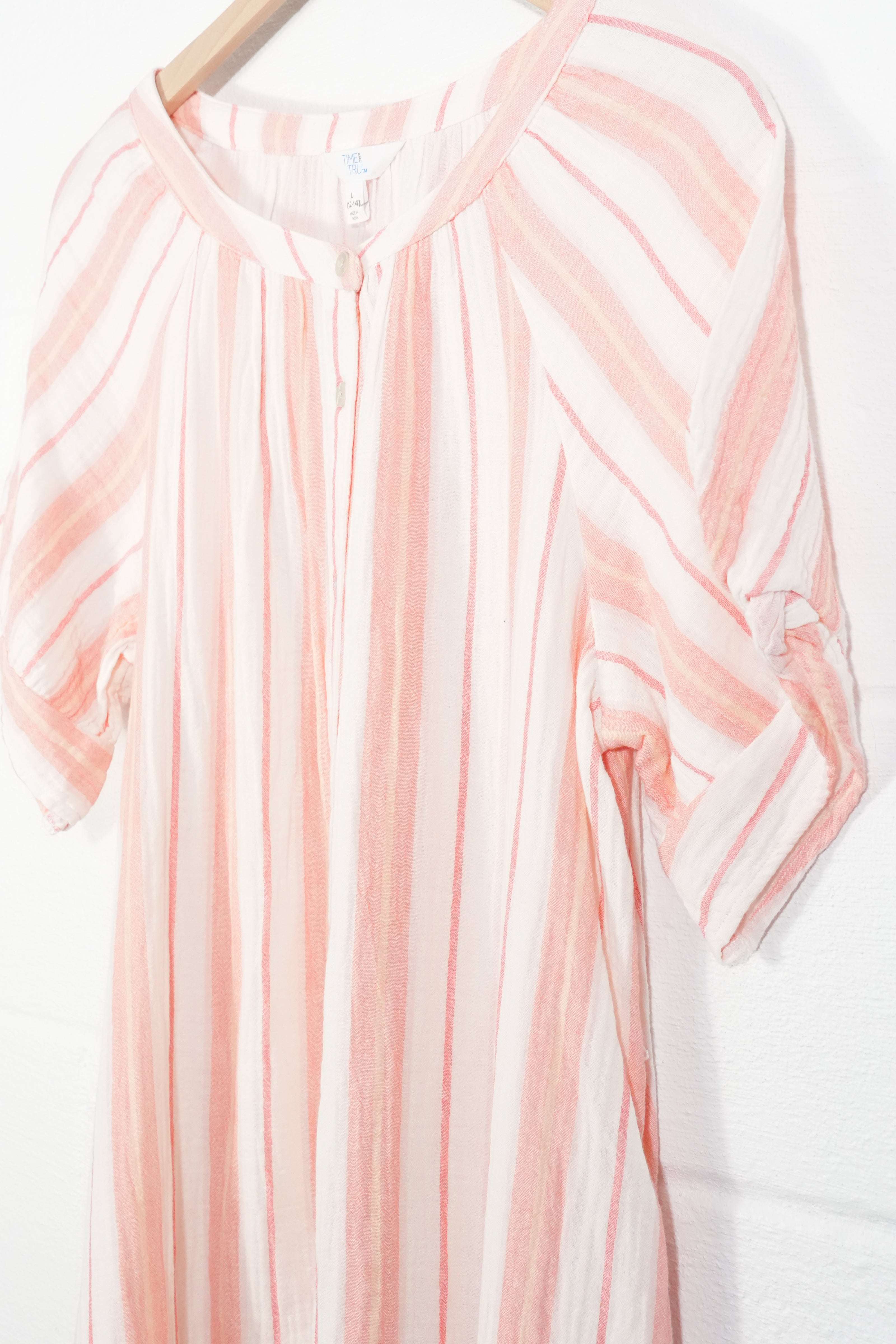 Time and Tru Double Cloth Midi Dress Women Large Coral Peony Striped Button