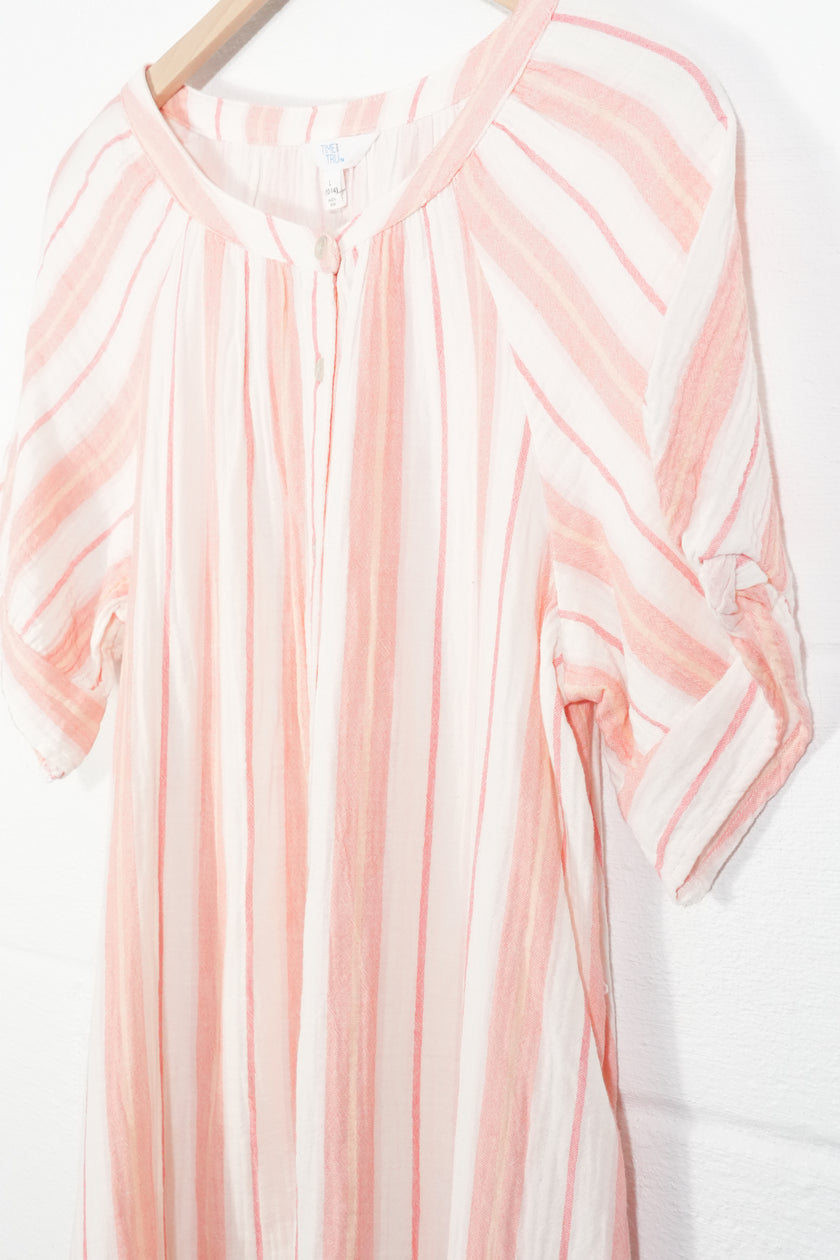 Time and Tru Double Cloth Midi Dress Women Large Coral Peony Striped Button