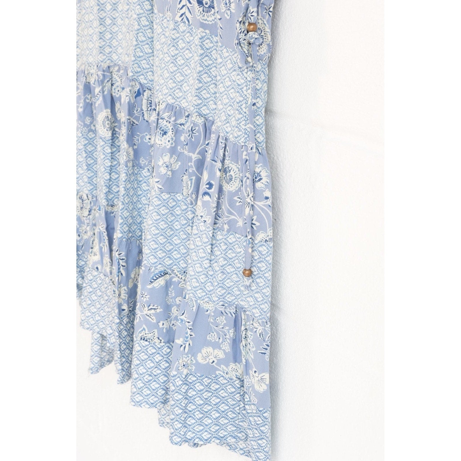 Angie Mini Dress Women Size Small Blue Floral Patchwork Boho Tiered V-Neck Rayon