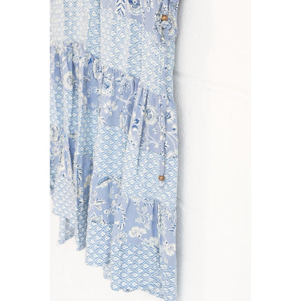 Angie Mini Dress Women Size Small Blue Floral Patchwork Boho Tiered V-Neck Rayon