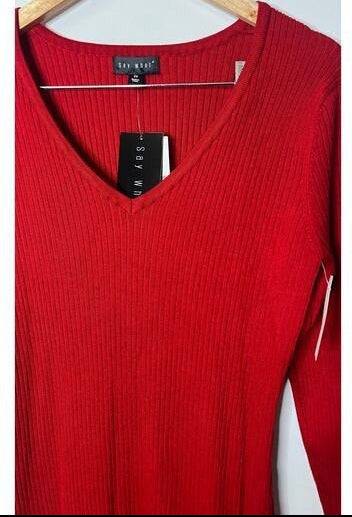 Say What? Red Ribbed Knit V-Neck Bodycon Midi Dress - Size 2XL