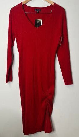 Say What? Red Ribbed Knit V-Neck Bodycon Midi Dress - Size 2XL