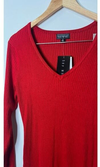 Say What? Red Ribbed Knit V-Neck Bodycon Midi Dress - Size 2XL