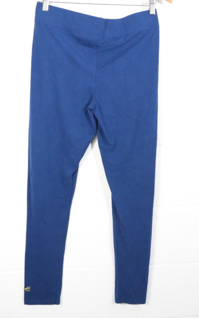 Mud Pie Leggings Women Medium/Large Blue Solid Gold Ankle Logo Stretch