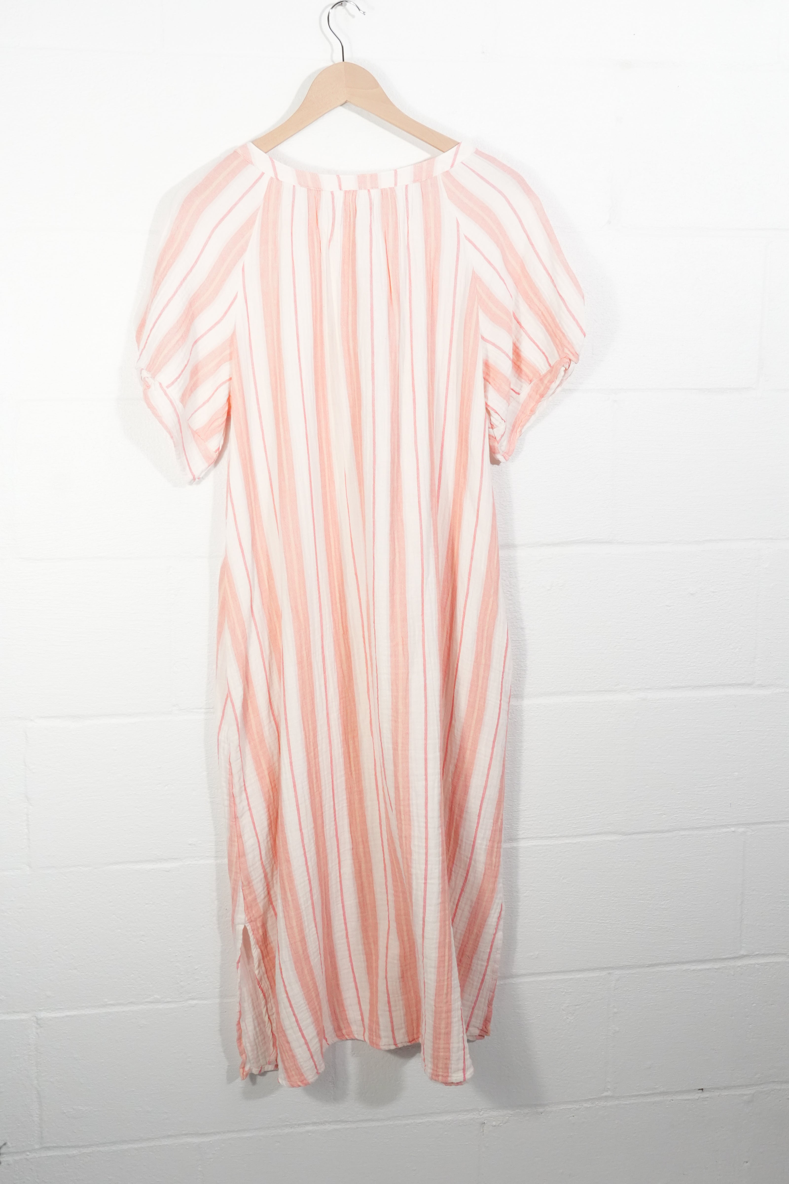 Time and Tru Double Cloth Midi Dress Women Large Coral Peony Striped Button