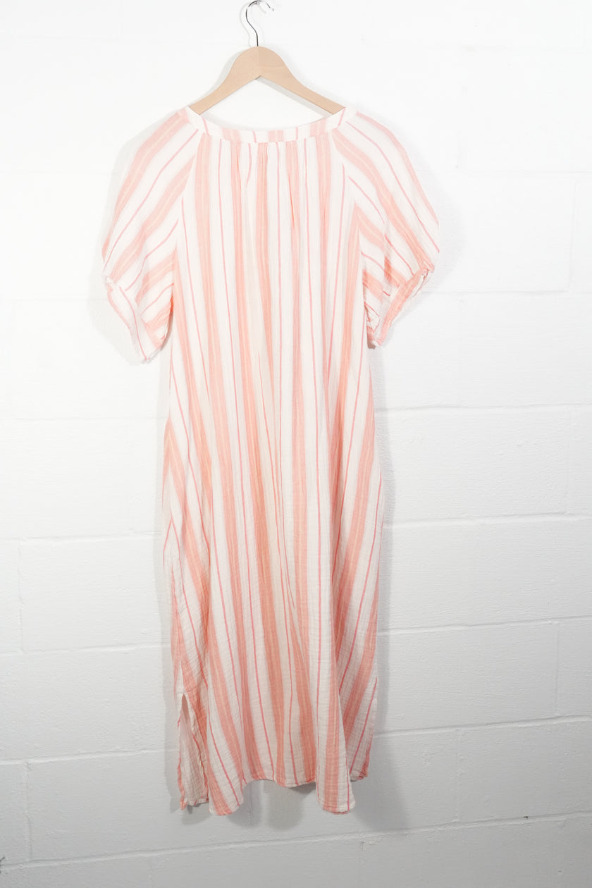 Time and Tru Double Cloth Midi Dress Women Large Coral Peony Striped Button