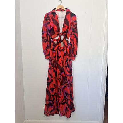Dress Womens Medium Red Geometric Cut Out Tie Front Maxi 70s Boho Long Sleeve