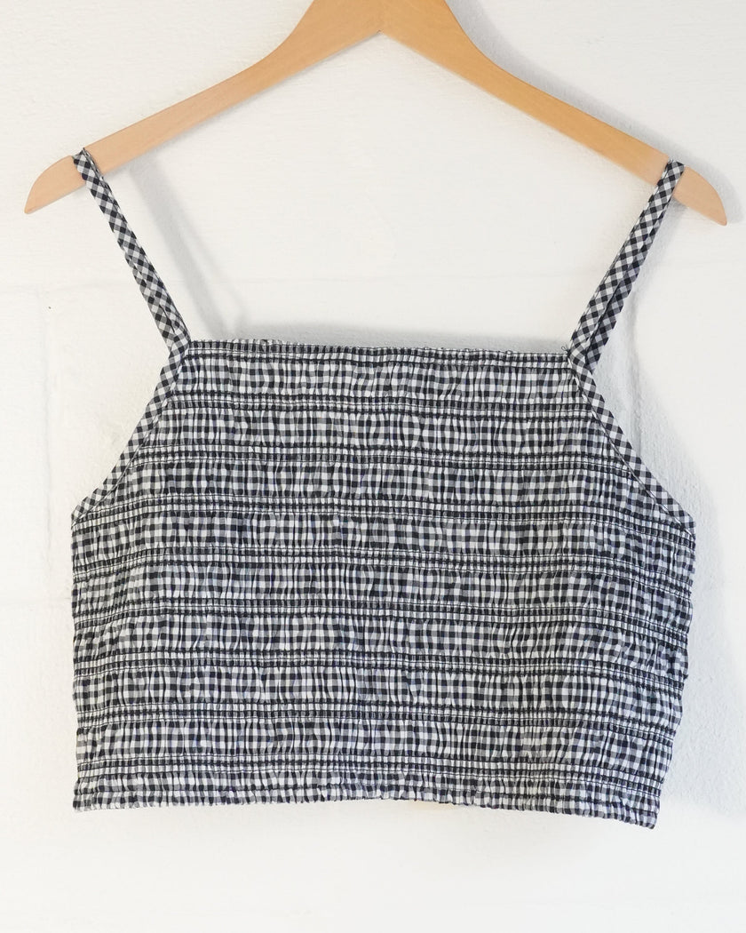 No Boundaries Smocked Cami Top Women Extra Large Navy White Gingham Cropped