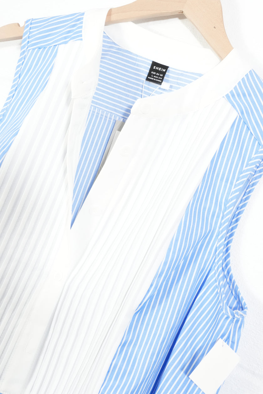 SHEIN Sleeveless Blouse Women Large Blue White Striped Pleated Tuxedo Bib Top
