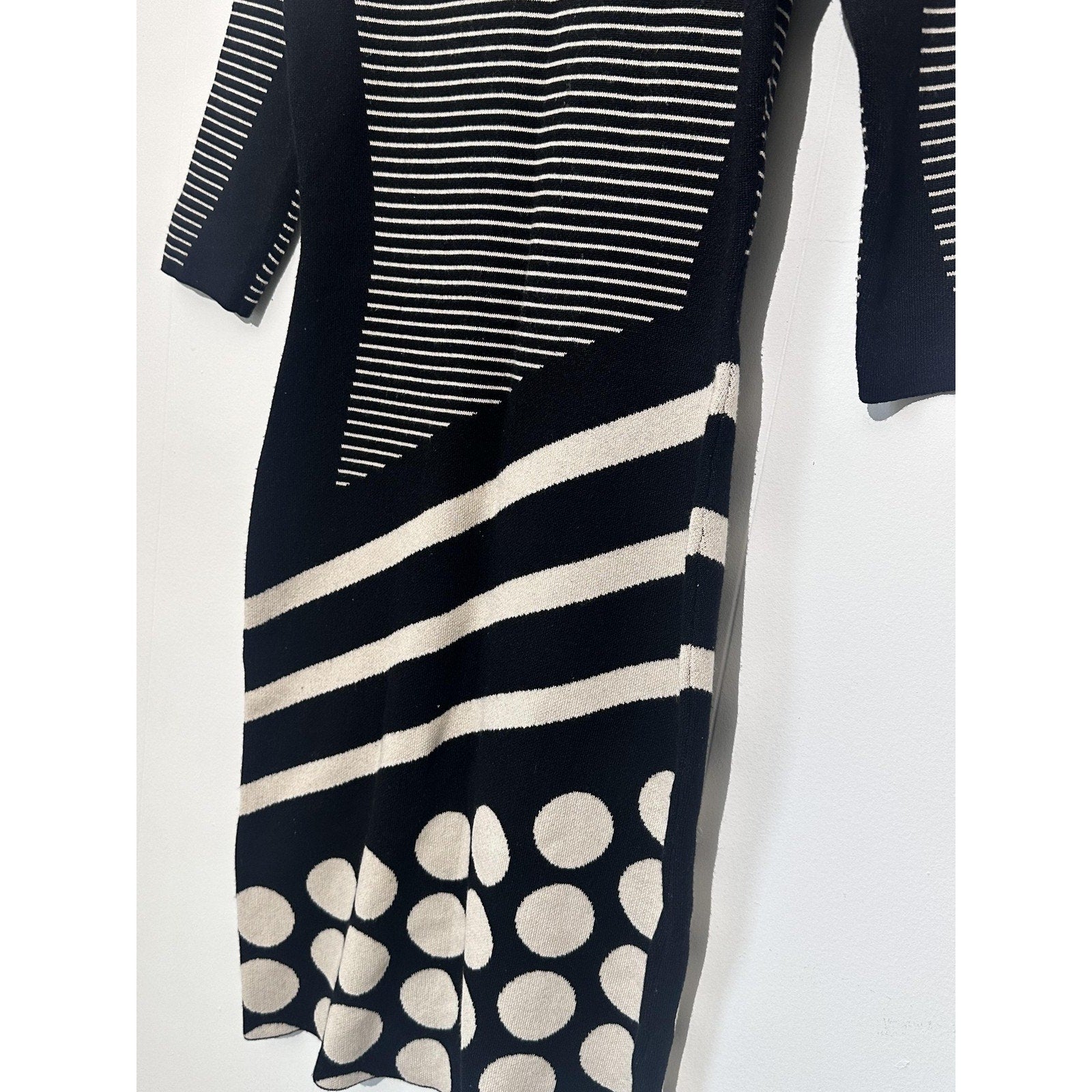 J. Taylor Sweater Dress Womens Medium Black Striped Polka Dot Knit 3/4 Sleeve