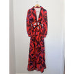 Dress Womens Medium Red Geometric Cut Out Tie Front Maxi 70s Boho Long Sleeve