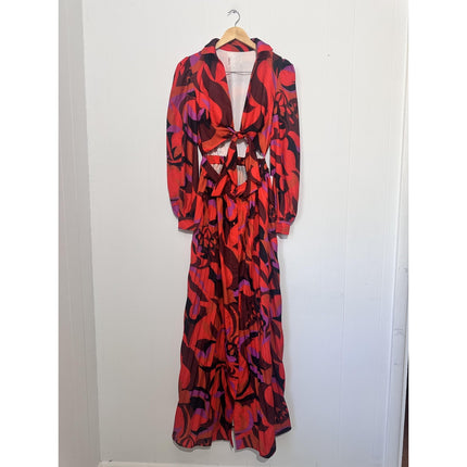Dress Womens Medium Red Geometric Cut Out Tie Front Maxi 70s Boho Long Sleeve