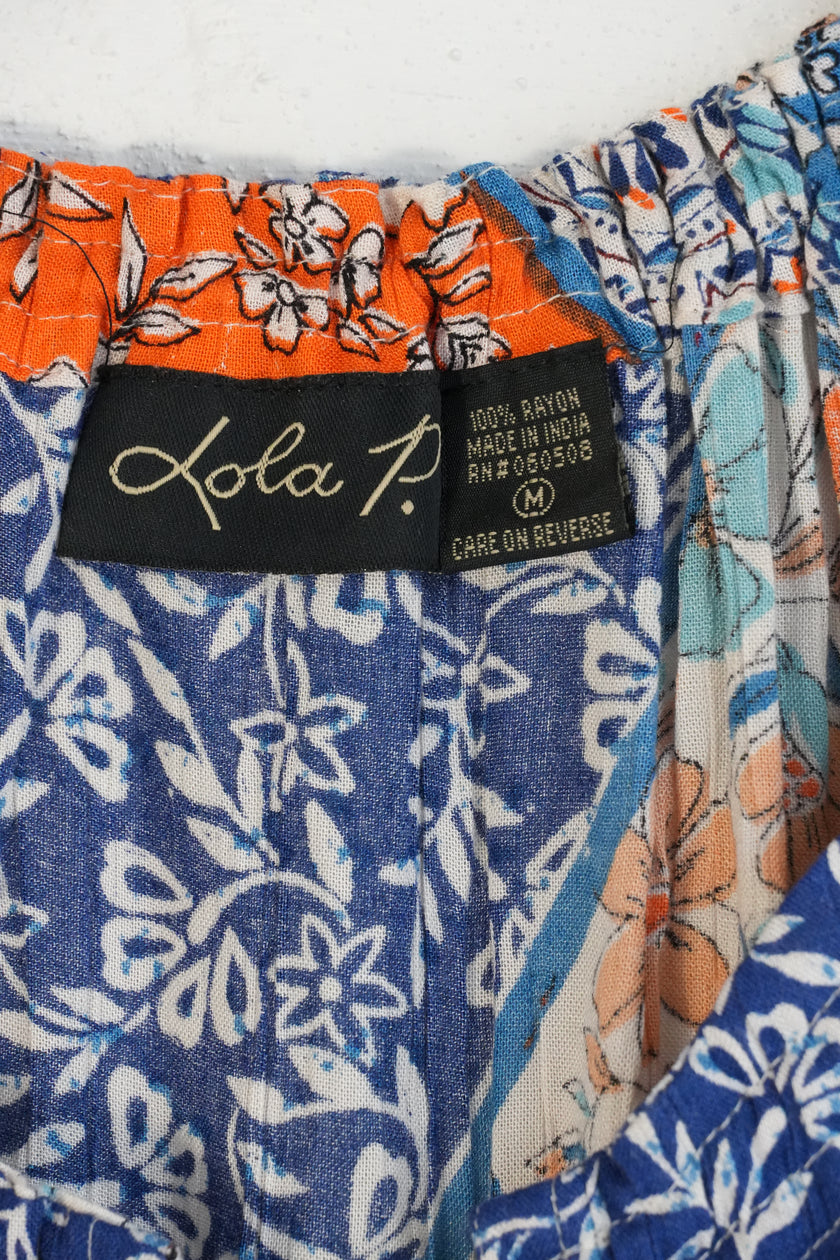 Lola P. Patchwork Floral Blouse Women Medium Blue Orange Boho Tassel Top