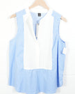 SHEIN Sleeveless Blouse Women Large Blue White Striped Pleated Tuxedo Bib Top
